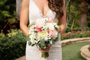 Florida Bride Holding Romantic Tropical Wedding Bouquet, Blush Pink Florals, White Flowers, Wearing Hayley Paige Wedding Dress