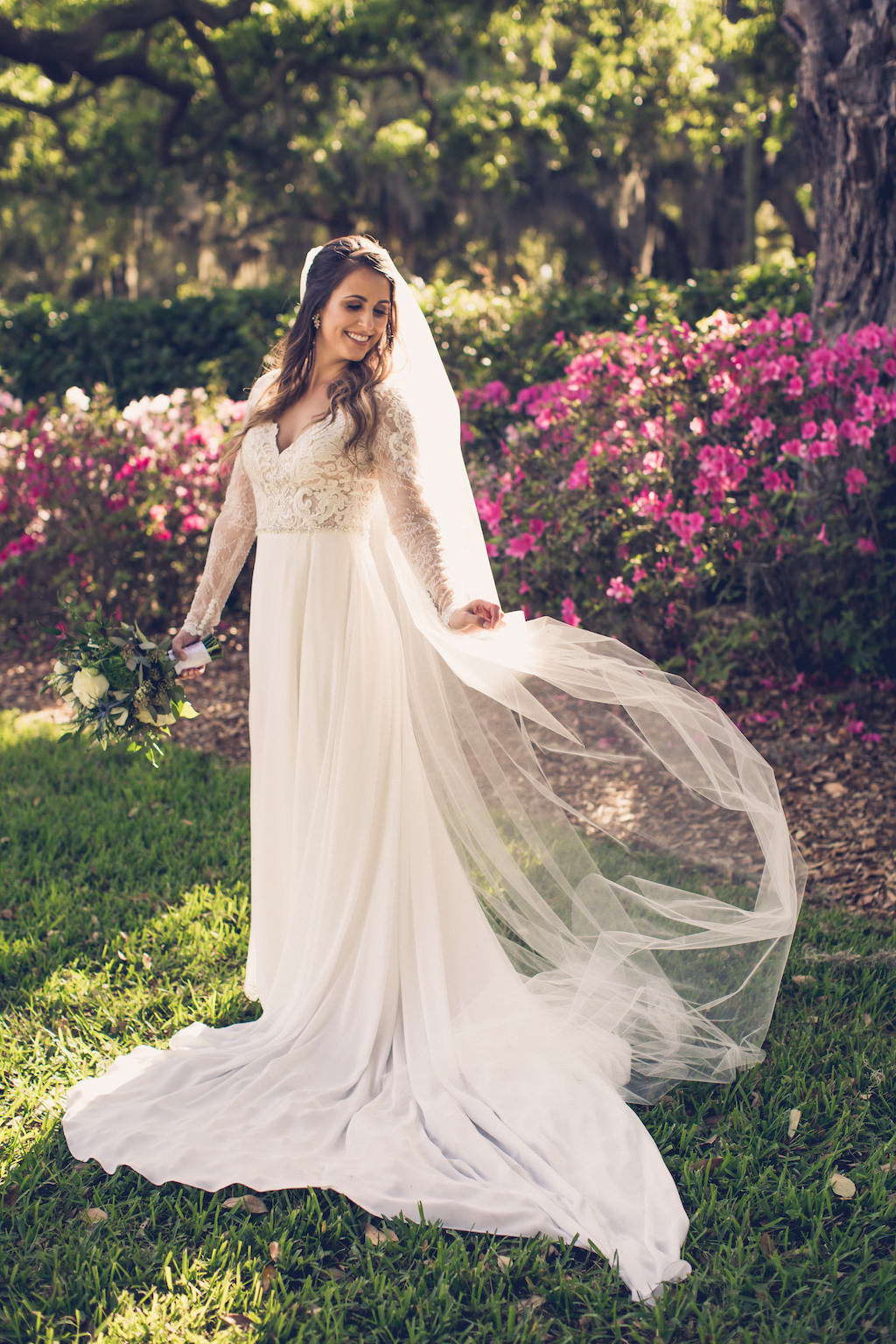 Simple Chic Romantic, Florida Bride in Boho Flowy Lace and Illusion Long Sleeve Wedding Dress with Long Cathedral Veil | Tampa Bay Wedding Photographer Luxe Light Images