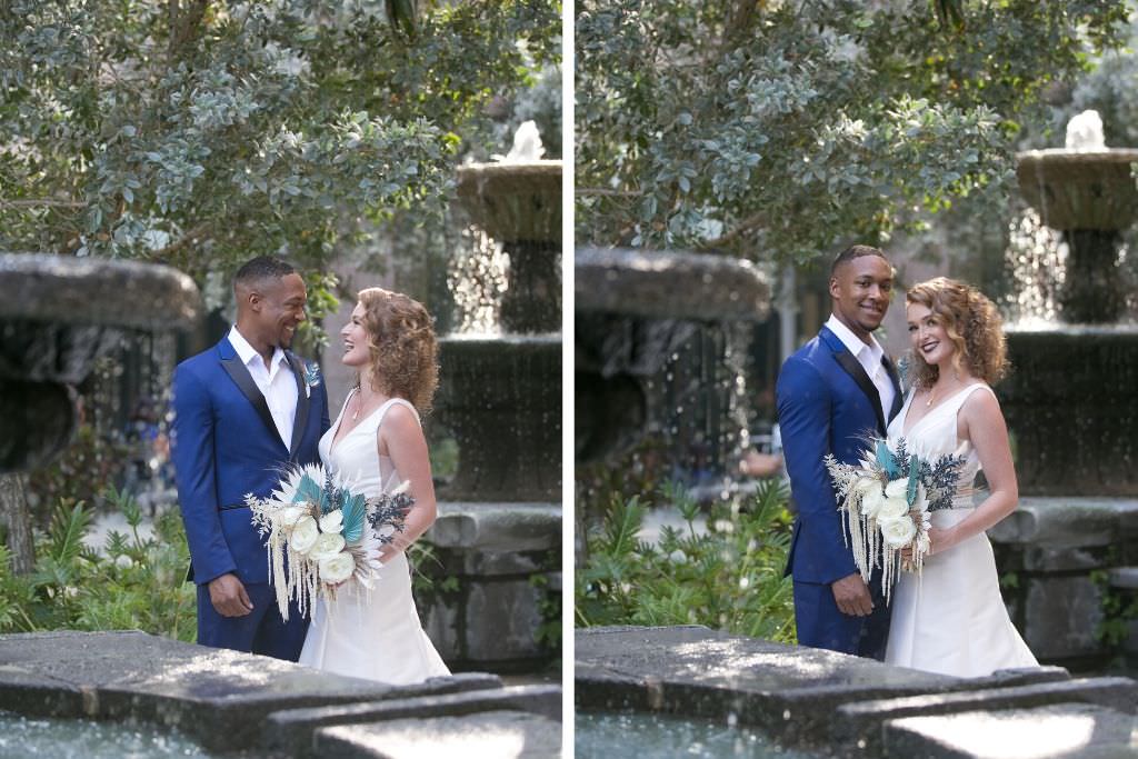 Classic Wedding Portrait, Groom in Blue Suit with Black Collar Trim and Bride in A-Line V Neck Wedding Dress Holding Unique White Roses, Greenery Leaves Floral Bridal Bouquet | Tampa Bridal Wedding Dress Boutique Truly Forever Bridal | South Tampa Bridal Hair and Makeup Michele Renee the Studio | Wedding Photographer Carrie Wildes Photography | Wedding Planner and Florist John Campbell Weddings