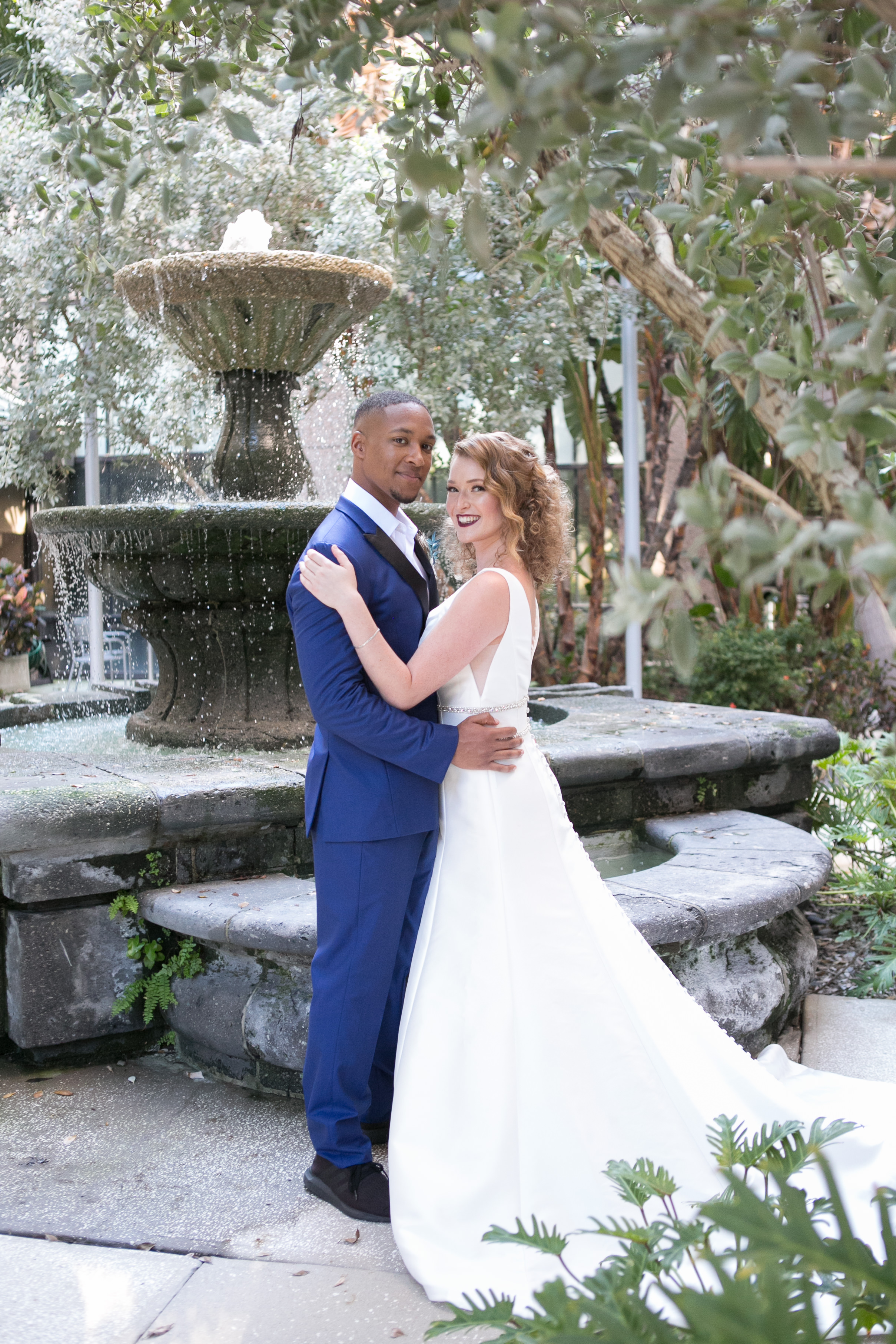 Romantic Classic Bride and Groom Wedding Portrait, Groom in Blue Suit with Black Collar Trim | Tampa Bridal Wedding Dress Boutique Truly Forever Bridal | South Tampa Bridal Hair and Makeup Michele Renee the Studio | Wedding Photographer Carrie Wildes Photography