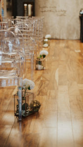 Elegant Wedding Ceremony Decor, Ghost Chairs, Geometric Glass Vases with White Flowers
