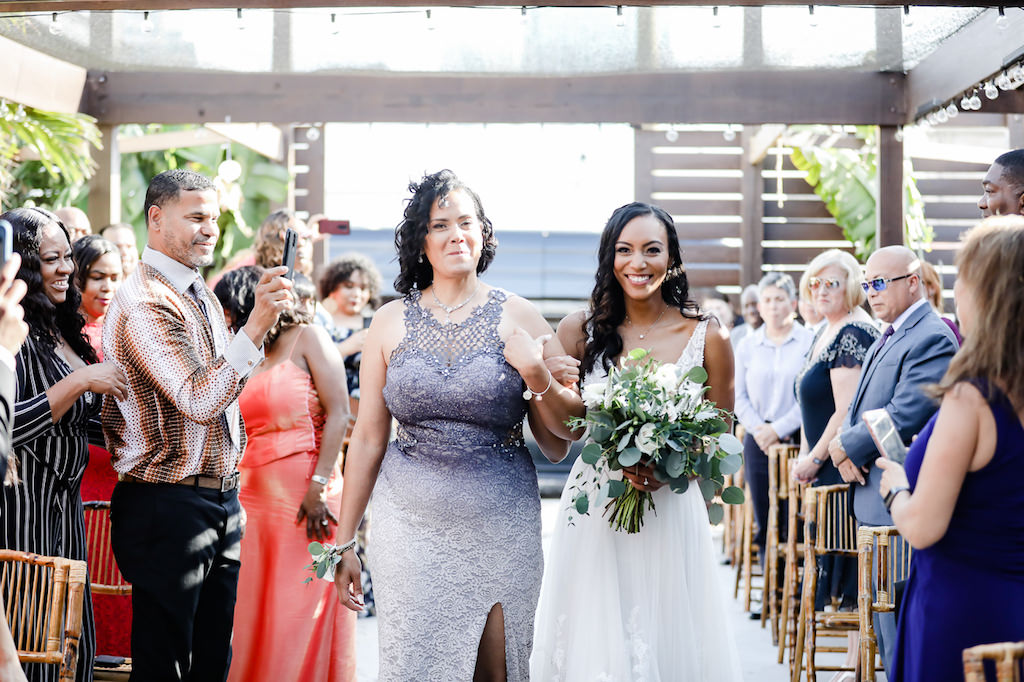Florida Bride and Mother Walking Down the Aisle Processional Wedding Portrait, Bride Holding Organic Silver Dollar Eucalyptus, Blush Pink and White Roses Floral Bridal Bouquet | Tampa Bay Wedding Photographer Lifelong Photography Studio