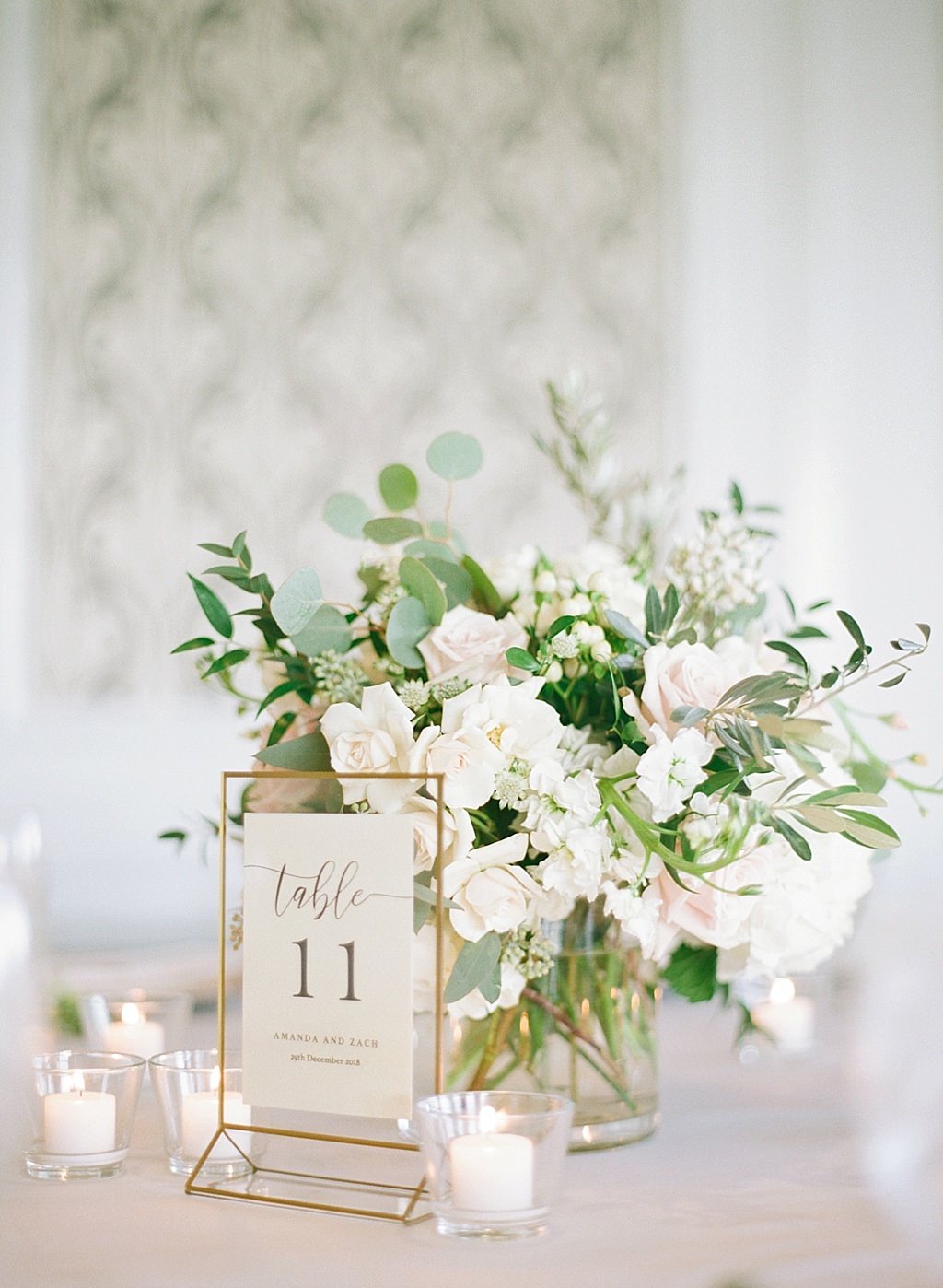 INSTAGRAM Formal Modern Classic Wedding Reception Decor, Gold Table Number Sign, White and Blush Pink Roses, Eucalyptus, and Greenery Floral Centerpiece
