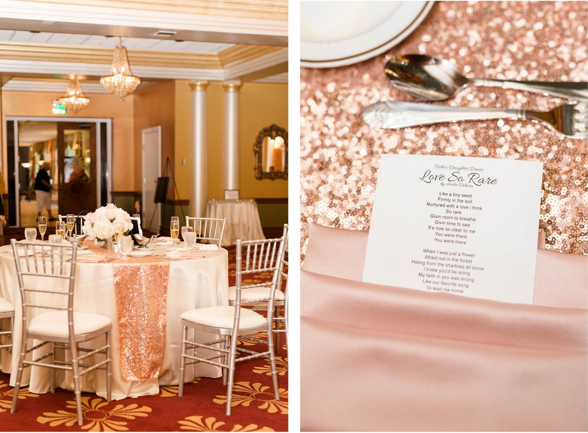 Tampa Vintage Glam Wedding Ballroom Reception | Blush Rose Gold Sequin Linen Runner | Place Setting Menu Napkin | Silver Chiavari Chair