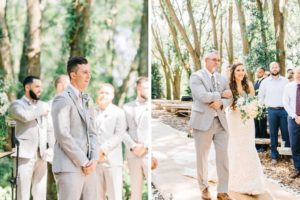 Romantic Garden Inspired Wedding Ceremony Portrait, Tampa Bay Groom Reaction to Bride Walking Down the Aisle, Bride and Father, Whimsical Bridal Bouquet with Ivory Roses, Blush Pink Florals, Greenery | Plant City Outdoor Wedding Venue Florida Rustic Barn Weddings
