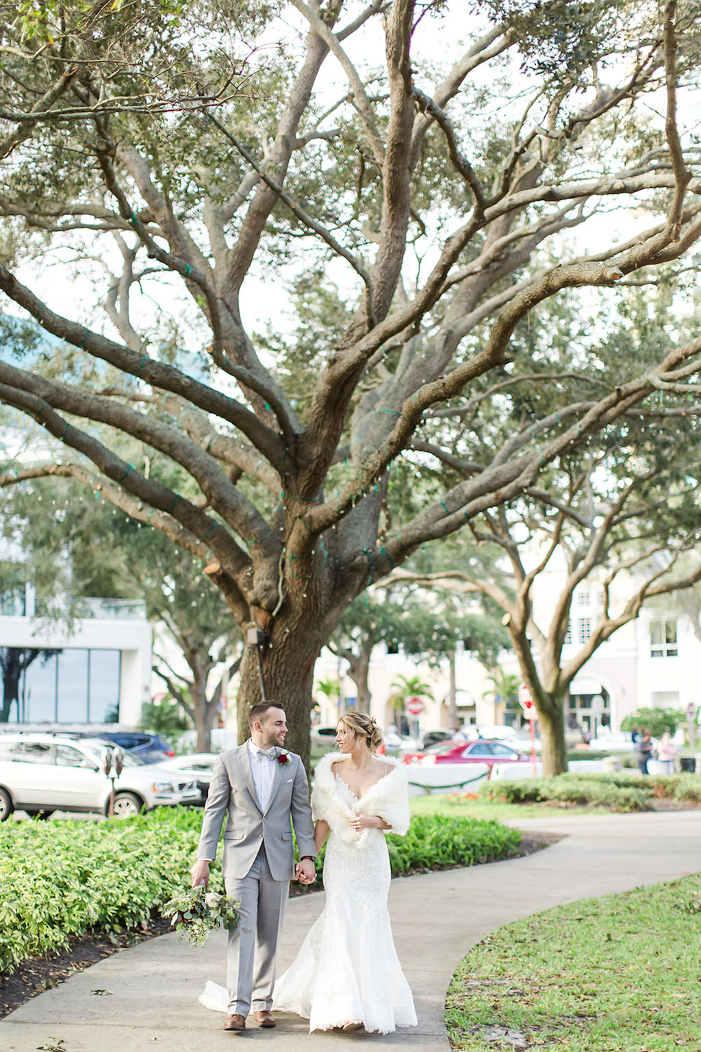 Downtown St. Pete Bride and Groom, Romantic Winter Walk in Straub Park at Christmas | Tampa Bay Luxury Wedding Photographers Shauna and Jordon Photography