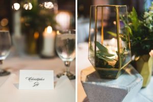 Simple, Elegant White with Black Script Font Seating Place Card, Gold Geometric Vase with Candle