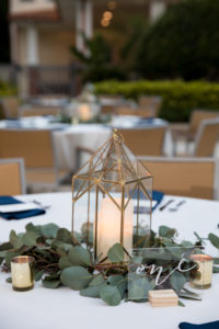 Classic Elegant Wedding Reception Decor, Eucalyptus and Gold Lantern, Acrylic Table Number | Tampa Bay Wedding Planner Coastal Coordinating