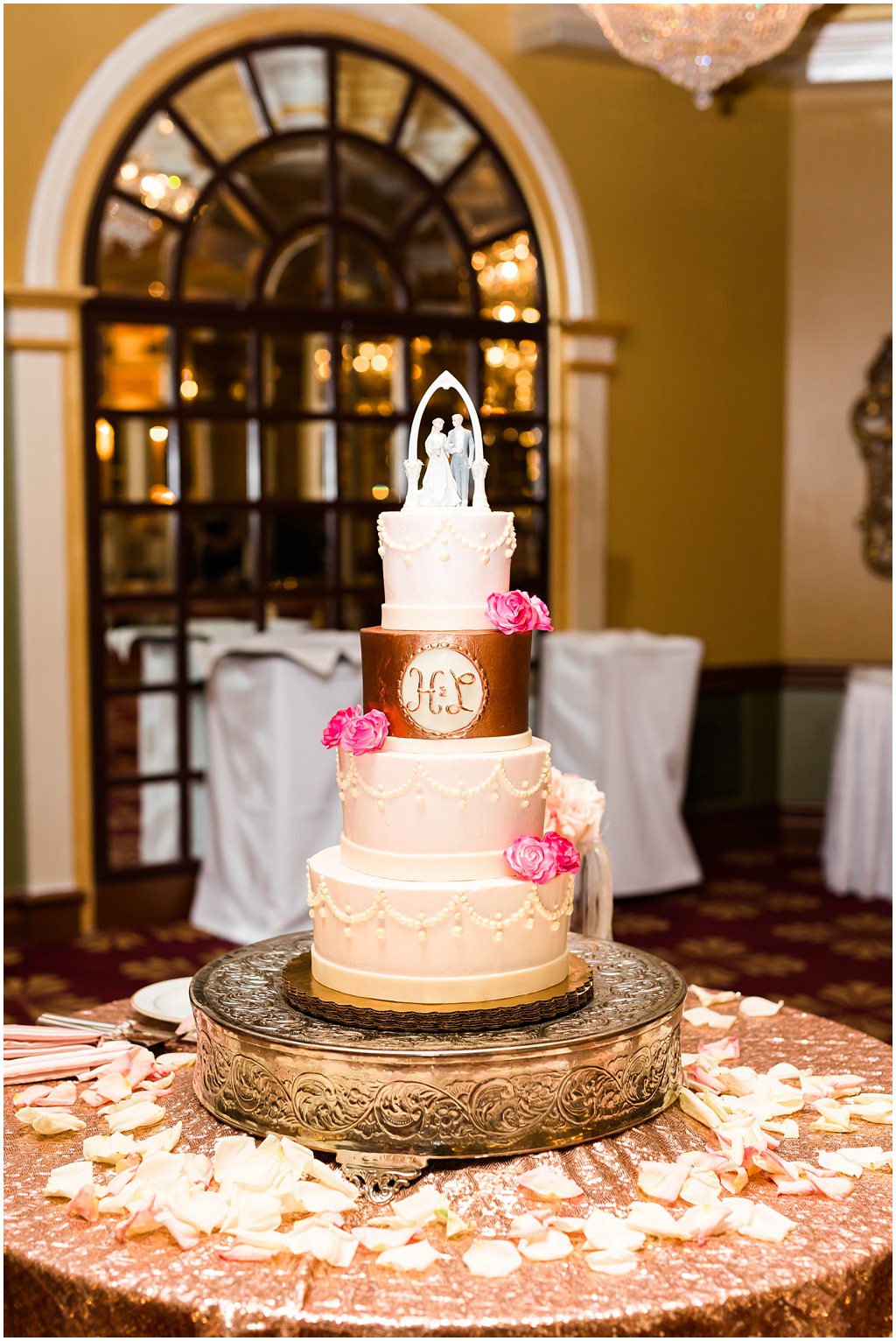 Tampa Vintage Glam Safety Harbor Wedding | Four Tier Wedding Cake | Traditional Cake Topper Monogram | Blush Rose Gold Sequin Table Linen