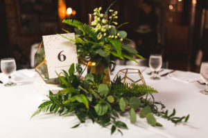 Modern New Years Eve Wedding Reception Decor, Gold Geometric Vases, Greenery Leaf Arrangements