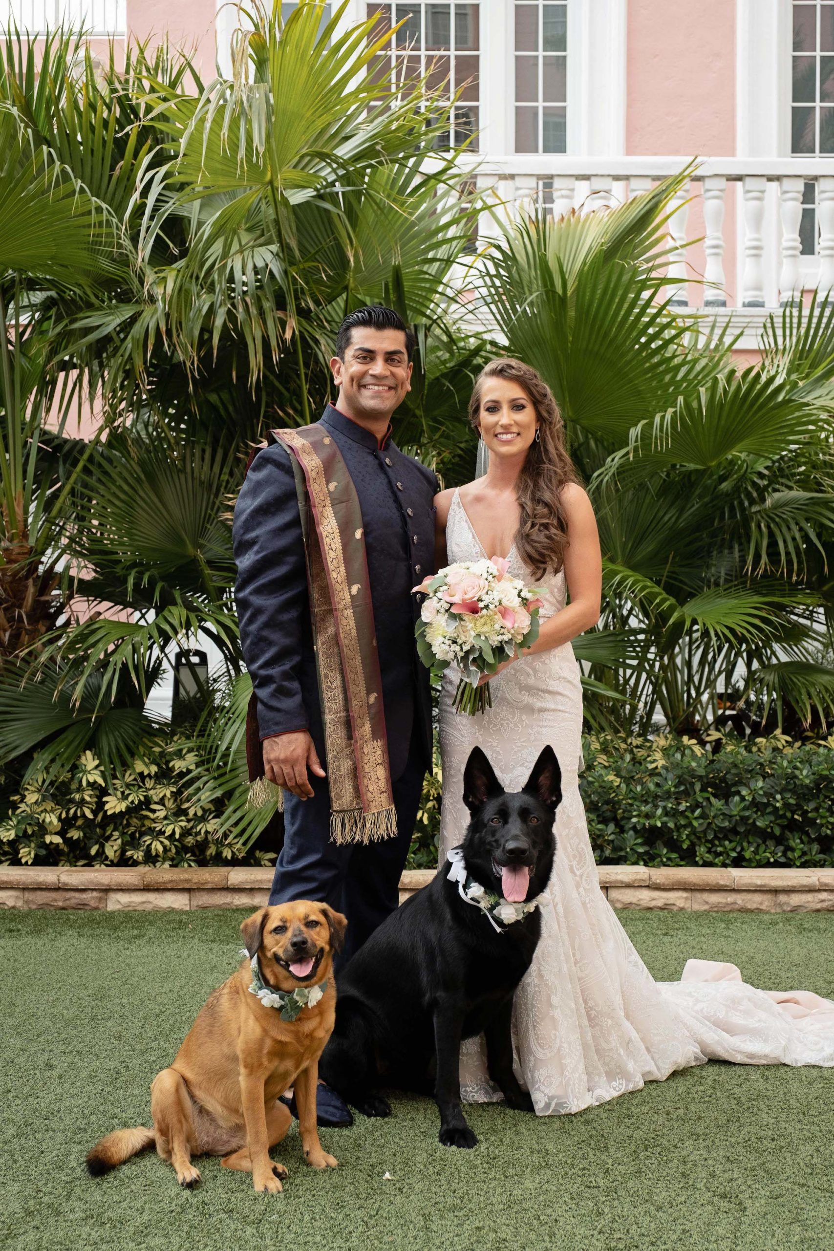 Florida Bride and Groom Wedding Portrait with Pets, Dogs in Floral Collars, Bride holding White, Pink and Ivory Floral Bouquet with Greenery, Groom Wearing Punjabi | Tampa Bay Wedding Petcare Planners Fairytail Pet Care | St. Pete Beach Historic Resort The Don CeSar