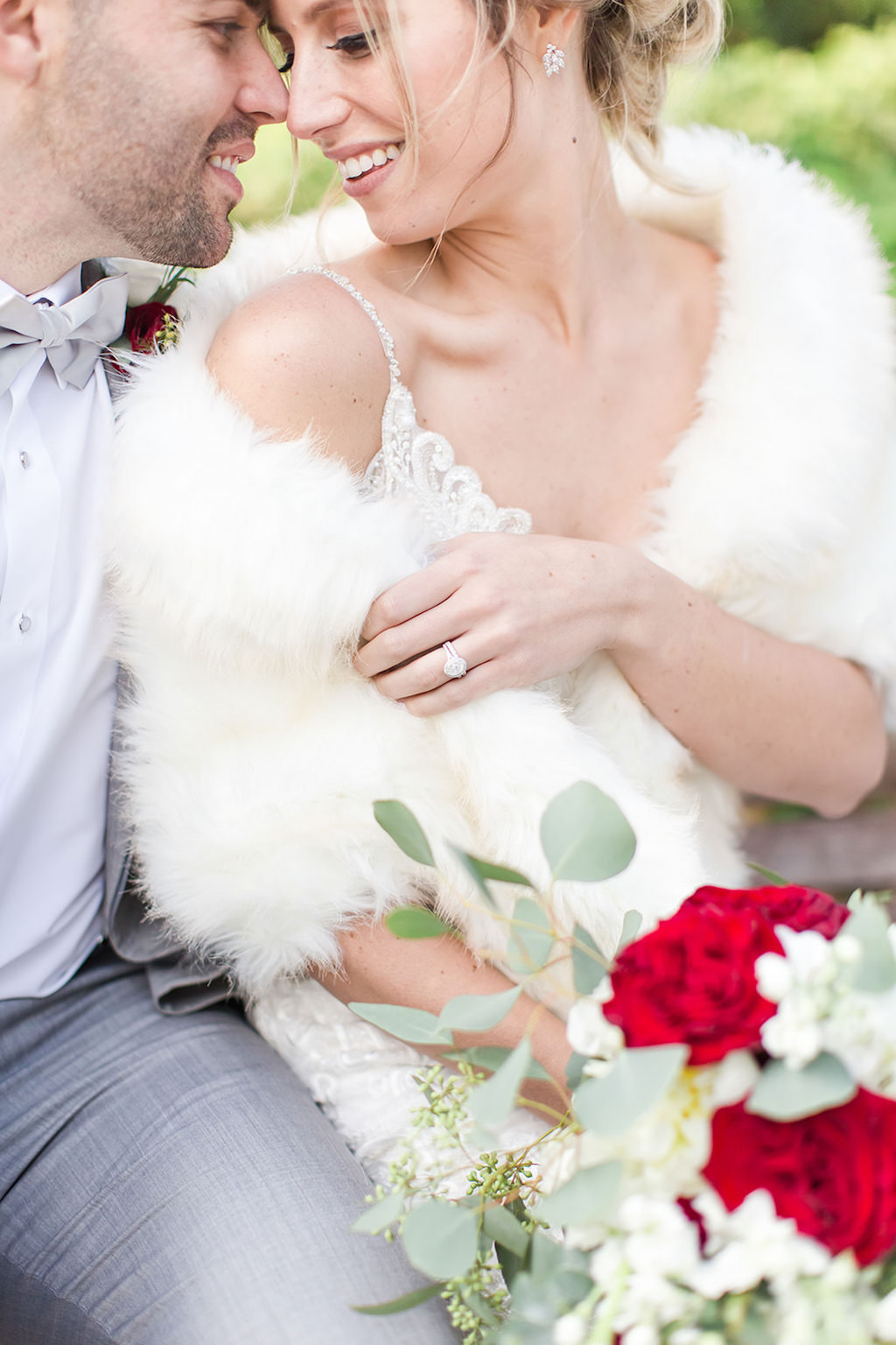 Tampa Bay Bride and Groom, Wearing Winter Wedding Style White Fur Coat, Diamond Engagement Ring | Tampa Bay Wedding Photographers Shauna and Jordon Photography