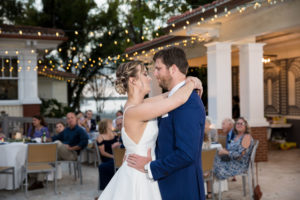 Bride and Groom Intimate First Dance Outdoor Courtyard Portrait | Tampa Waterfront Wedding Venue Palmetto Riverside Bed and Breakfast | Wedding DJ Graingertainment