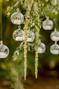 St. Pete Garden Inspired Wedding Reception Decor, Hanging Glass Sphere Bulbs with Candles, Hanging Green Amaranthus