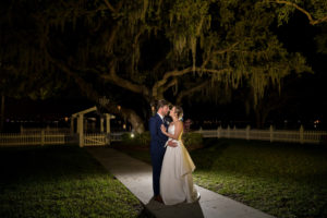 Nighttime Bride and Groom Wedding Portrait | Tampa Bay Waterfront Wedding Venue Palmetto Riverside Bed and Breakfast