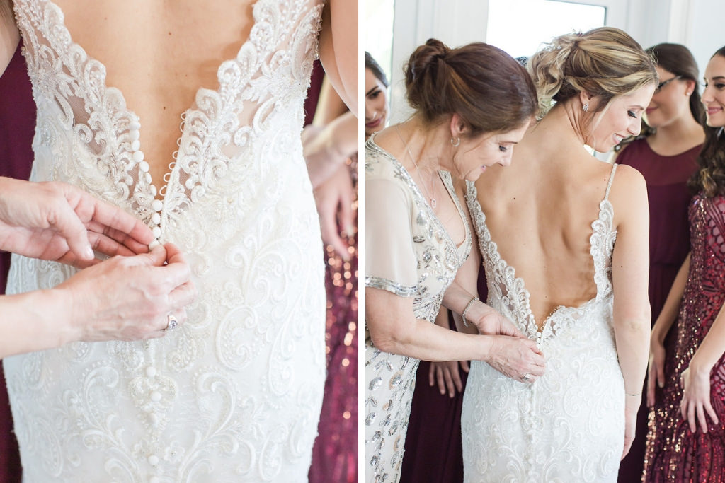 Romantic Florida Bride Getting Ready Photo with Mother, Allure Wedding Dress with Open Back, Lace Detailing | Tampa Bay Wedding Photographers Shauna and Jordon Photography
