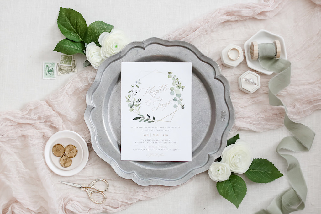 Boho Chic Greenery Watercolor Wedding Invitation on Silver Tray | Tampa Bay Wedding Photographer Lifelong Photography Studio