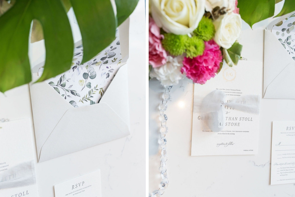 Elegant Classic Floral Envelope Liner, Modern White and Grey Wedding Invitation Suite | Tampa Bay Wedding Photographer Kristen Marie Photography | St. Pete Wedding Stationery and Invitations A&P Design Co