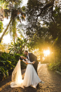 Romantic Boho Chic Tampa Bride and Groom Dip Sunset Wedding Portrait