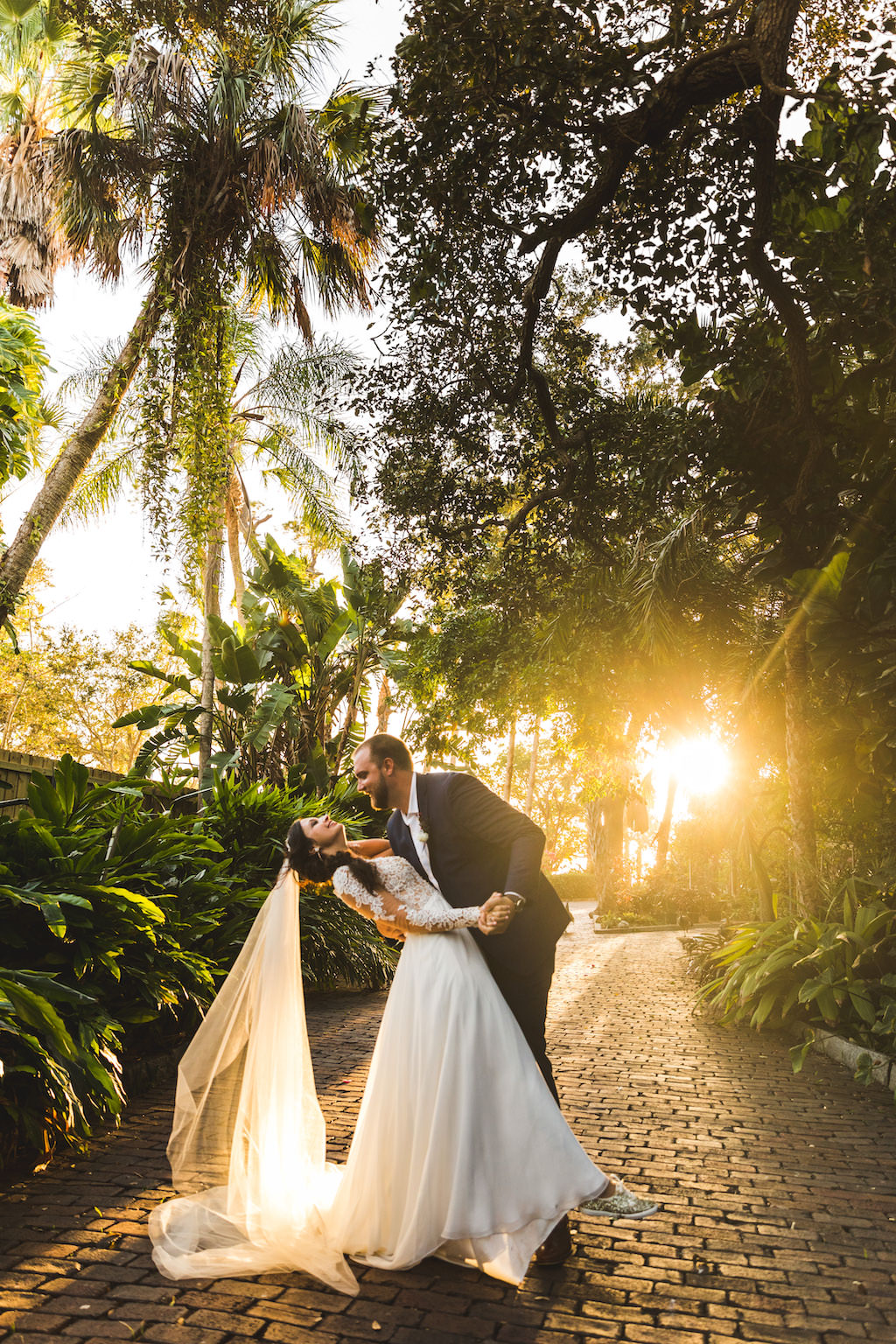 Romantic Boho Chic Tampa Bride and Groom Dip Sunset Wedding Portrait