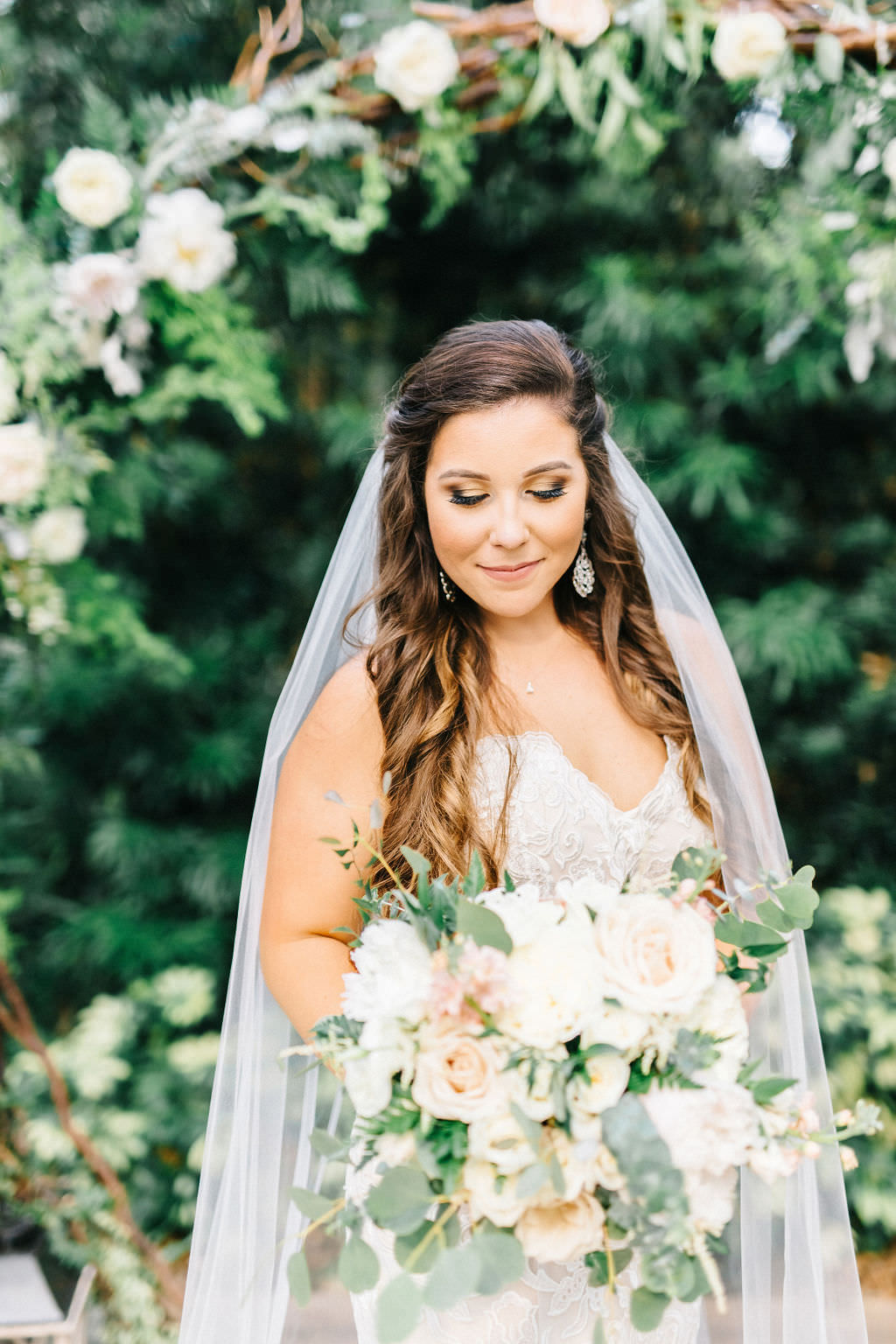 Romantic Tampa Bay Bride Beauty Wedding Portrait, Soft Bridal Organic Garden Bouquet with Ivory Roses, Bush Pink Flowers, Sage Green Leaves, Natural Hair and Makeup