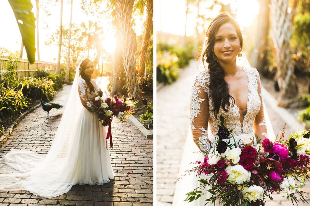 Boho Chic Bride Beauty Wedding Portrait Wearing A-Line Chiffon and Illusion Long Sleeve with Lace Appliques Wedding Dress and Cathedral Length Veil holding Merlot, Pink, Purple Roses and White Peonies with Greenery Accents, Hair Braided to the Side | Tampa Bay Wedding Hair and Makeup Femme Akoi Beauty Studio