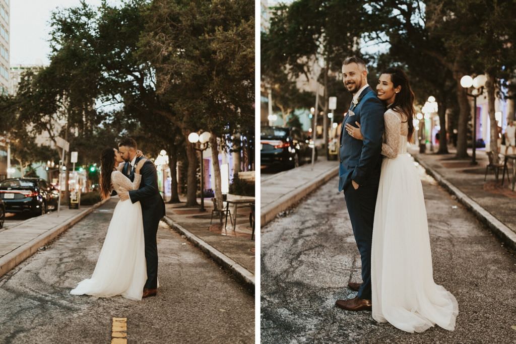 Downtown St. Pete Bride and Groom Wedding Portrait | Bride in Vera Wang Lace Wedding Dress