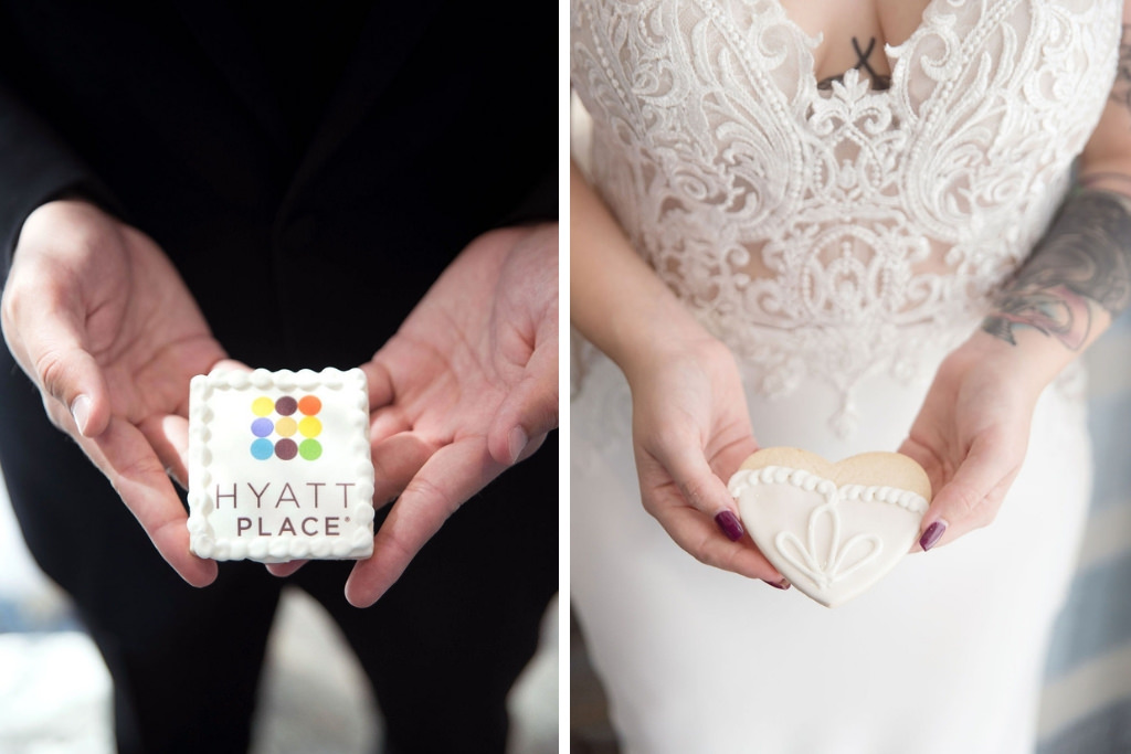 Bride and Groom Holding Custom Sugar Cookies | Tampa Bay Wedding Photographer Kristen Marie Photography
