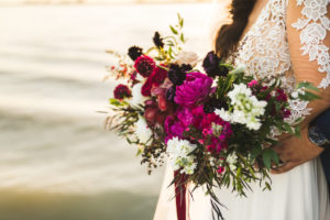 Boho Chic Inspired Wedding Flowers, Fuchsia Pink Peonies, Purple, Red, and White Flowers with Greenery Accents