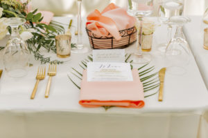 Tampa Garden Tropical Wedding Reception Decor, Blush Pink Linen Napkin, Palm Tree Leaf, Gold Silverware