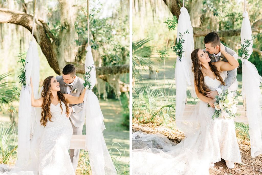 Whimsical Bride and Groom on Swing, Swinging Outdoors in Enchanted Tampa Bay Garden, Holding Soft Bridal Bouquet with Ivory Roses, Blush Pink Flowers, Greenery | Romantic Plant City Wedding Venue Florida Rustic Barn Weddings