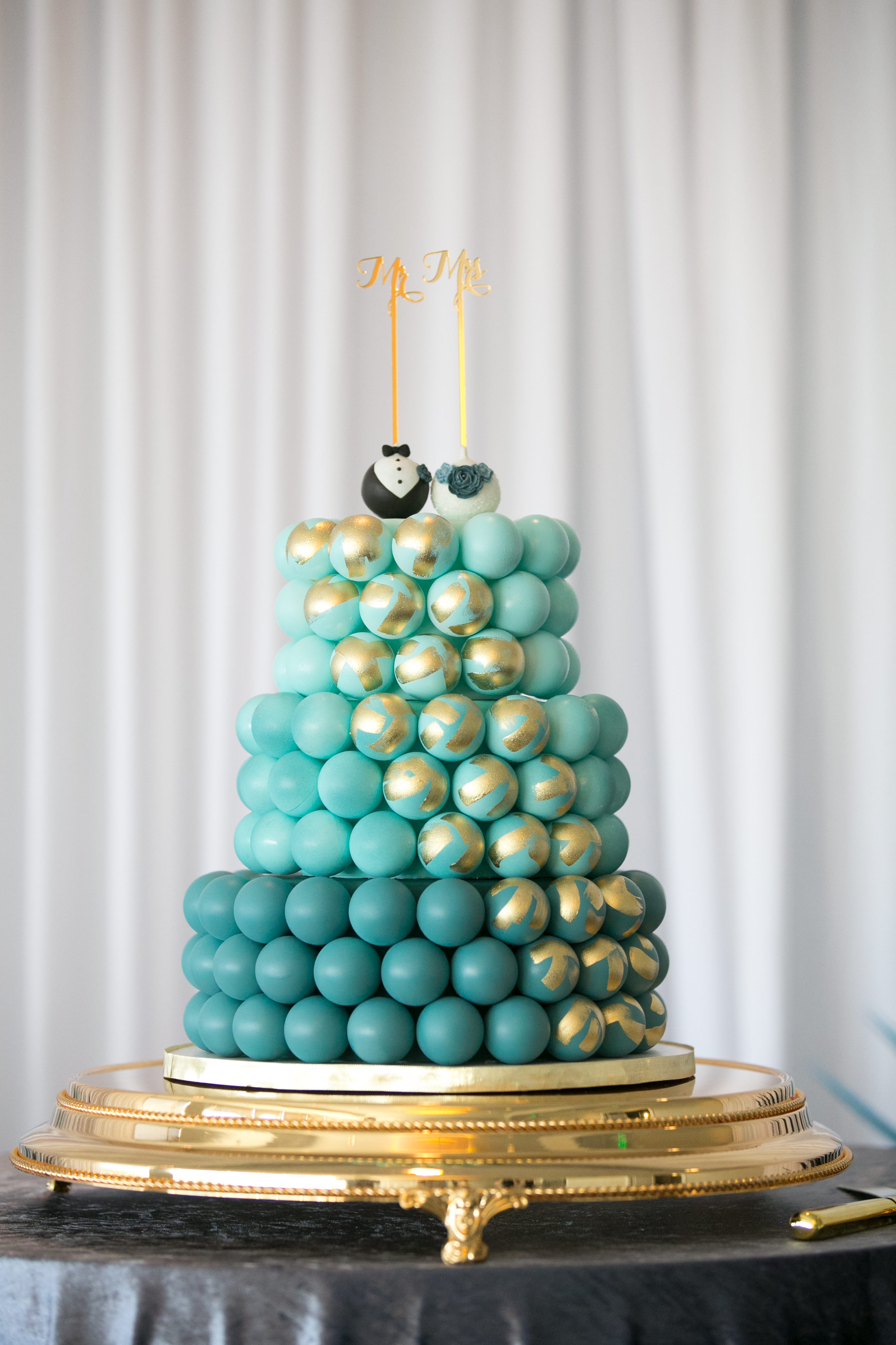 Unique Whimsical Ombre Blue with Gold Accent Three Tier Cake Pop Cake and Bride and Groom Cake Pop Topper | Wedding Cake Pops and Desserts Sweetly Dipped Confections | Wedding Photographer Carrie Wildes Photography | Tampa Wedding Planner John Campbell Weddings