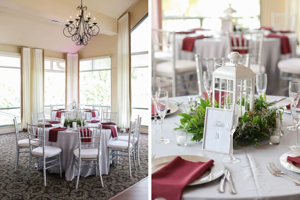 Winter Wedding Decor with Silver Chiavari Chairs, Silver Tablecloths and Maroon Napkins | Elegant Golf Course Ballroom Wedding Reception Venue with Floor to Ceiling Windows at The Bayou Club | Tampa Wedding Photographer Lifelong Photography Studio