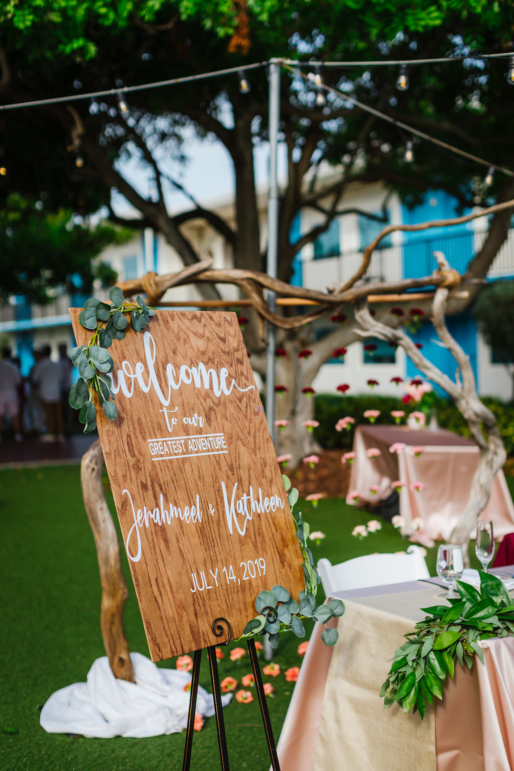 Tropical Rustic Wedding Reception Decor, Wooden Welcome Sign with Eucalyptus