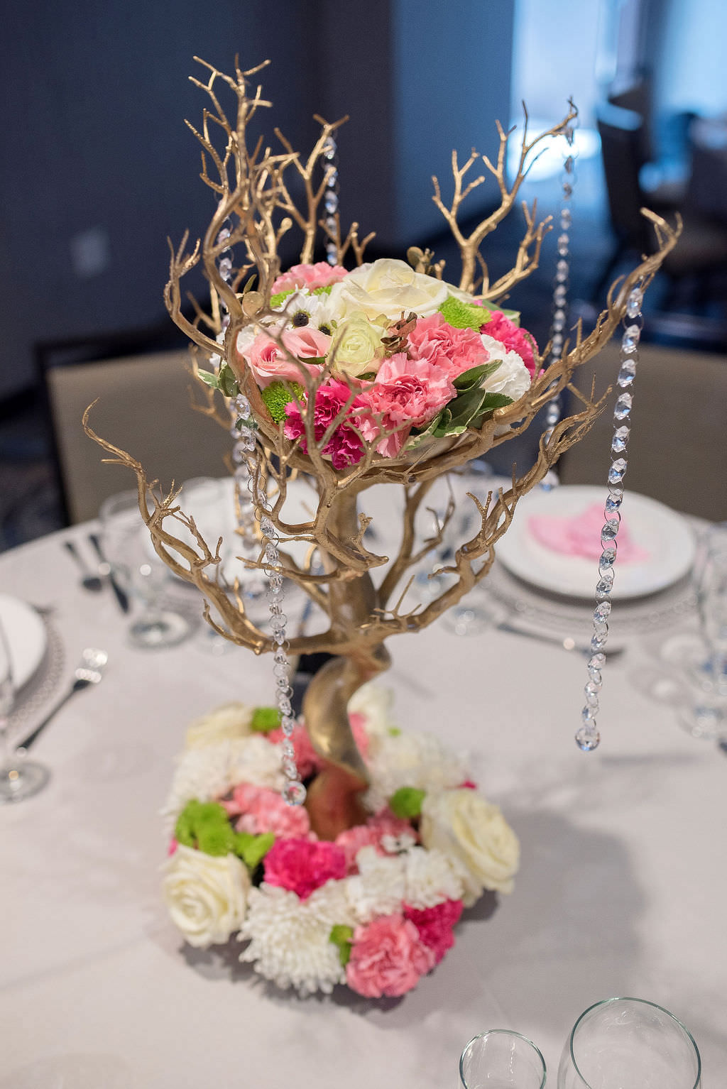 Modern Unique Wedding Reception Decor, Metallic Gold Tree with Pink and White Carnations, Ivory and Pink Roses Floral Arrangements and Hanging Crystals Centerpiece | Tampa Bay Wedding Photographer Kristen Marie Photography | St. Pete Wedding Florist Brides N Blooms | Outside The Box Event Rentals