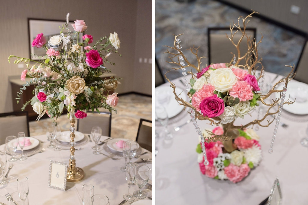 Modern Elegant Colorful Wedding Reception Decor, Tall Gold Candlestick with Fuchsia Pink, Ivory and Metallic Gold Painted Roses and Greenery Floral Centerpiece, Unique Gold Tree with Fuchsia Pink and White Roses, Blush Pink Carnations and Hanging Crystals Centerpiece | Tampa Bay Wedding Photographer Kristen Marie Photography | St. Pete Wedding Florist Brides N Blooms | Outside the Box Event Rentals
