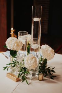 High and Low Cylinder Hurricane Glass Vases with Floating Candles, White Hydrangeas Floral Centerpieces