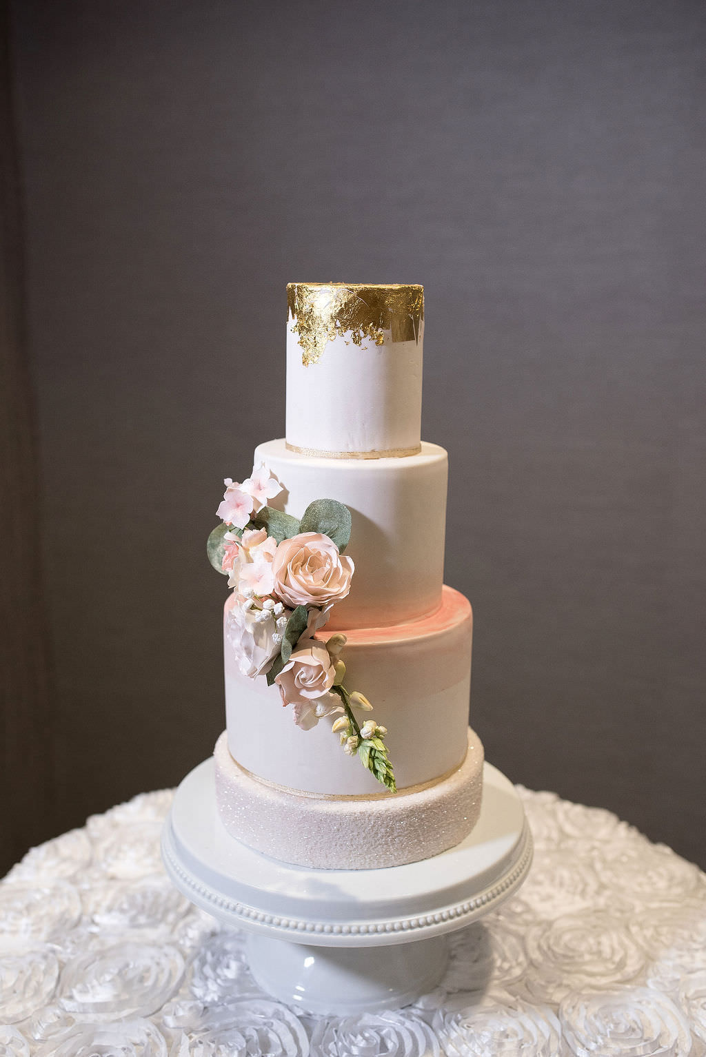 Classic Elegant Four Tier White with Gold Foil Top Tier and Roses Wedding Cake | Tampa Bay Wedding Photographer Kristen Marie Photography | St. Pete Wedding Bakery The Artist Whisk