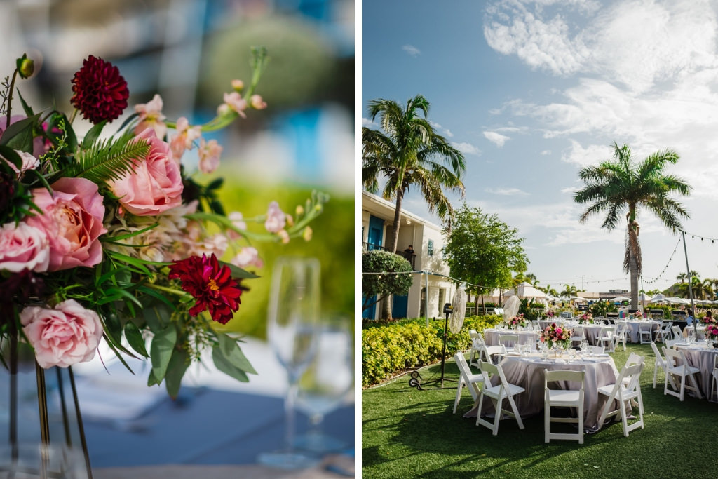 Tropical Wedding Reception Decor, Pink and Blush Roses, Burgundy Red Carnations and Greenery Floral Centerpiece, Round Tables with White Linens and Folding White Chairs | St. Petersburg Wedding Venue Postcard Inn on the Beach