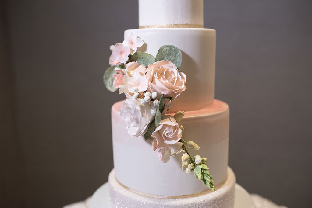 Classic Elegant White Wedding Cake with Brushed Pink Tier with Roses Floral Accent | Tampa Bay Wedding Photographer Kristen Marie Photography | St. Pete Wedding Bakery The Artistic Whisk