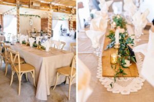 Romantic, Gold Rustic Wedding Decor and Reception Details, Burlap Table Linens with Lace Doily Table Runner, Long Feasting Tables with Low Wooden Centerpieces and Greenery Garland with Candle Votives and Mercury Glass, Wooden Cross Back Chairs | Tampa Bay Wedding Venue Florida Rustic Barn Weddings | Tampa Bay Wedding Caterer Catering By The Family