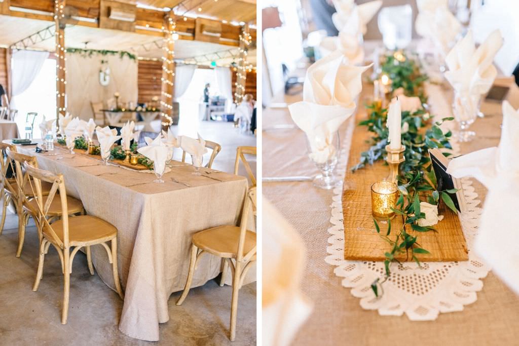 Romantic, Gold Rustic Wedding Decor and Reception Details, Burlap Table Linens with Lace Doily Table Runner, Long Feasting Tables with Low Wooden Centerpieces and Greenery Garland with Candle Votives and Mercury Glass, Wooden Cross Back Chairs | Tampa Bay Wedding Venue Florida Rustic Barn Weddings | Tampa Bay Wedding Caterer Catering By The Family