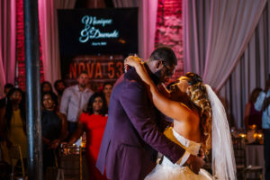 Tampa Bay Bride and Groom First Dance at Romantic Florida Industrial Wedding Venue NOVA 535 in Historic Downtown St. Petersburg | American Basketball Player Davante Gardner