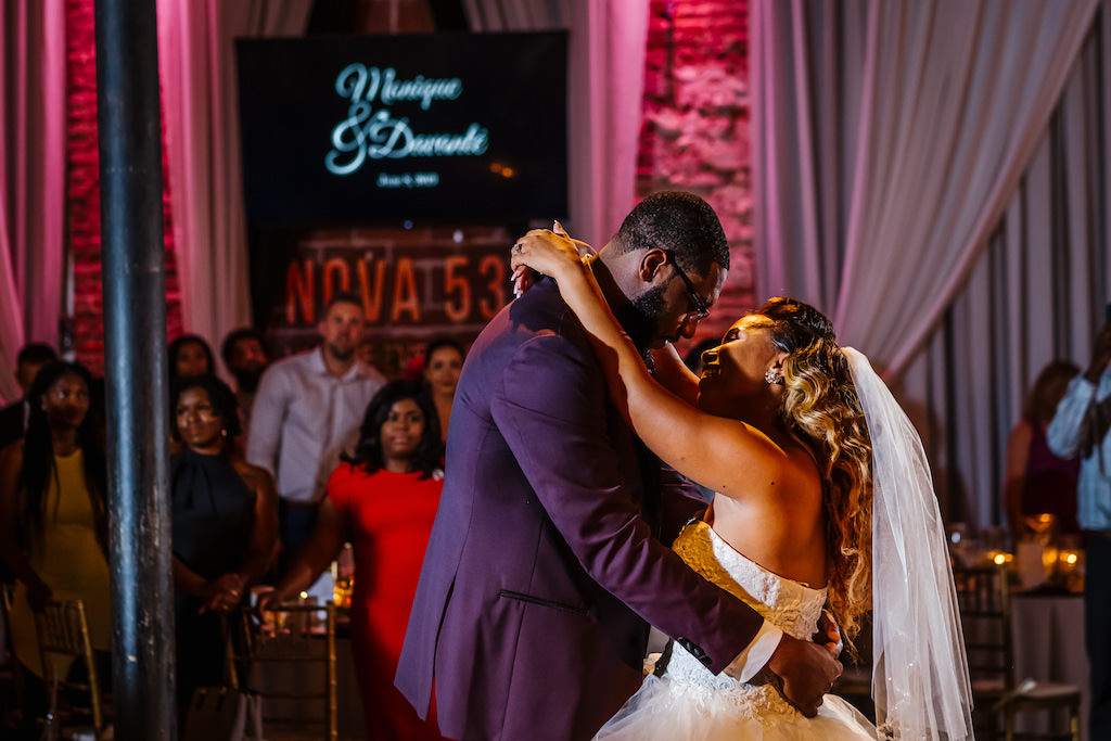 Tampa Bay Bride and Groom First Dance at Romantic Florida Industrial Wedding Venue NOVA 535 in Historic Downtown St. Petersburg | American Basketball Player Davante Gardner