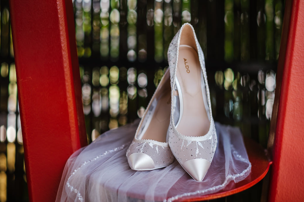 Modern Pointed Toe Bridal Shoes, Aldo High Heels with Mesh and Rhinestone Details