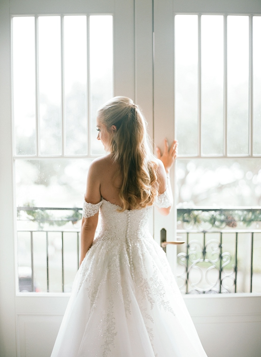 Elegant Tampa Bride Wedding Portrait in Ballgown Off the Shoulder Floral Lace, Rhinestone and Tulle Wedding Dress