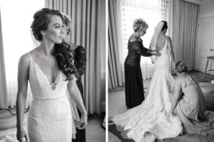 Florida Bride Getting Ready Photo, Wearing Romantic Hayley Paige Wedding Dress, Fit and Flare with Spaghetti Strap and Deep V Neckline, Lace Overlay | The Don CeSar Hotel in St. Pete Beach