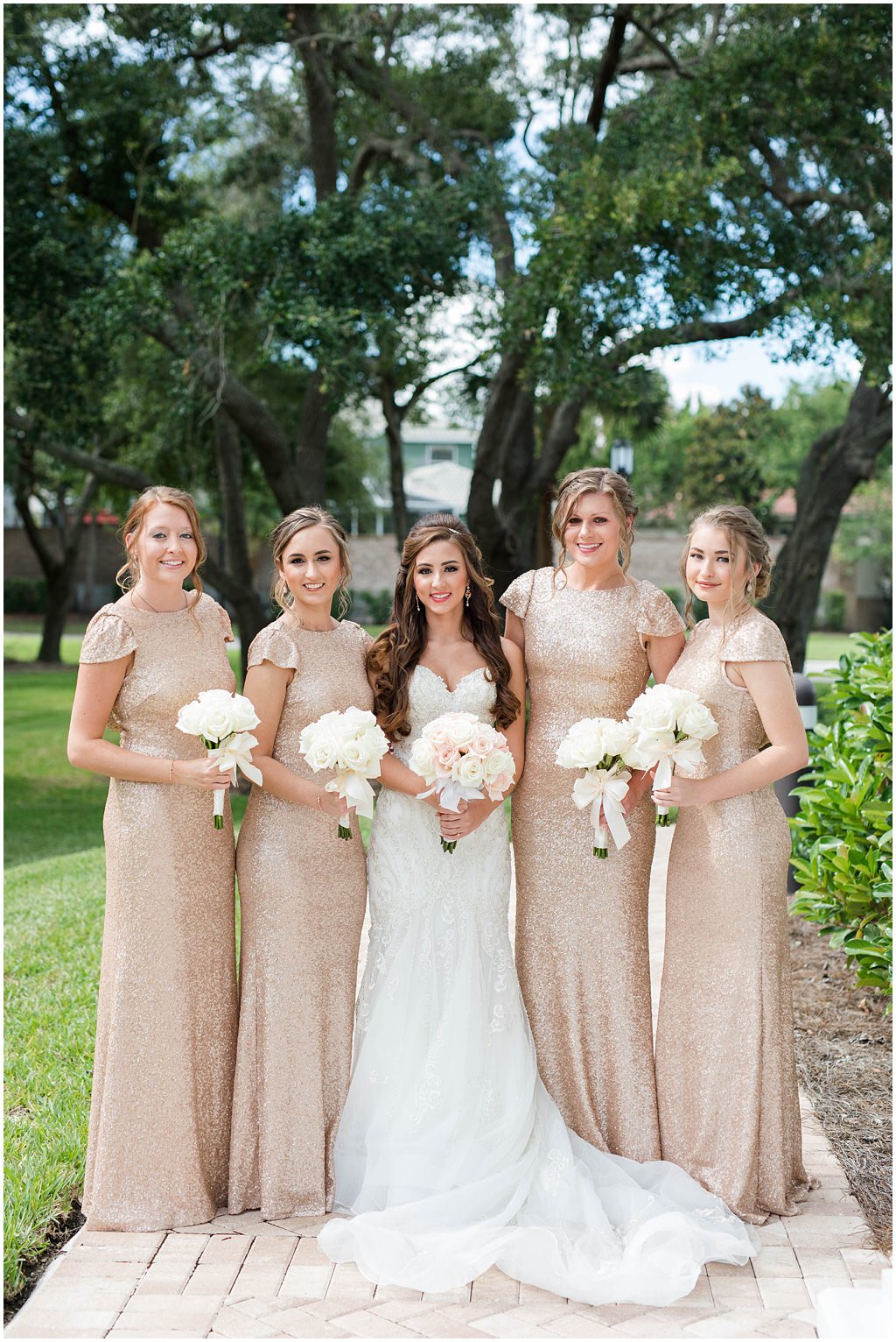 Tampa Vintage Glam Wedding Champagne Blush Rose Gold Sequin Bridesmaid Dresses White Ivory Bouquets Embroidered Sweetheart Wedding Gown Bride Hanger Stella York