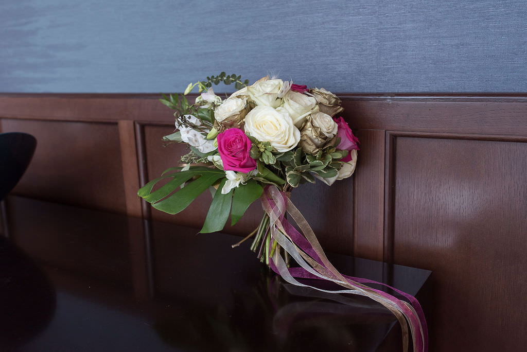 Elegant Timeless White and Fuchsia Pink Rose, Palm Leaf, Greenery and Gold Painted Roses Floral Bridal Bouquet | Tampa Bay Wedding Photographer Kristen Marie Photography | St. Pete Wedding Florist Bride N Blooms