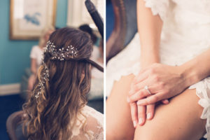 Simple Romantic Chic Wedding Hairstyle, Florida Bride with Half Up Half Down Wedding Hairstyle with Floral Hairpiece | Tampa Bay Wedding Photographer Luxe Light Images